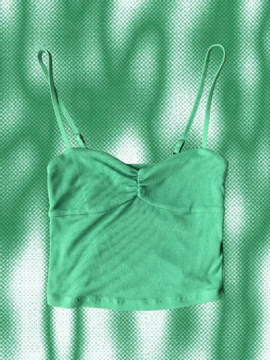 Green Ribbed Cami Crop Top Ruched Front Y2K Basic - Picture 1 of 3